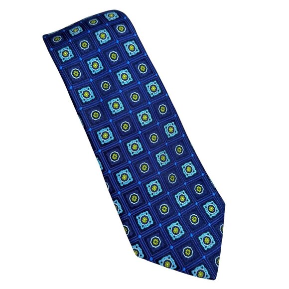 Ted Baker London Mens 100% Silk Jacquard Necktie Blue Turquoise Green Geometric - Picture 1 of 10